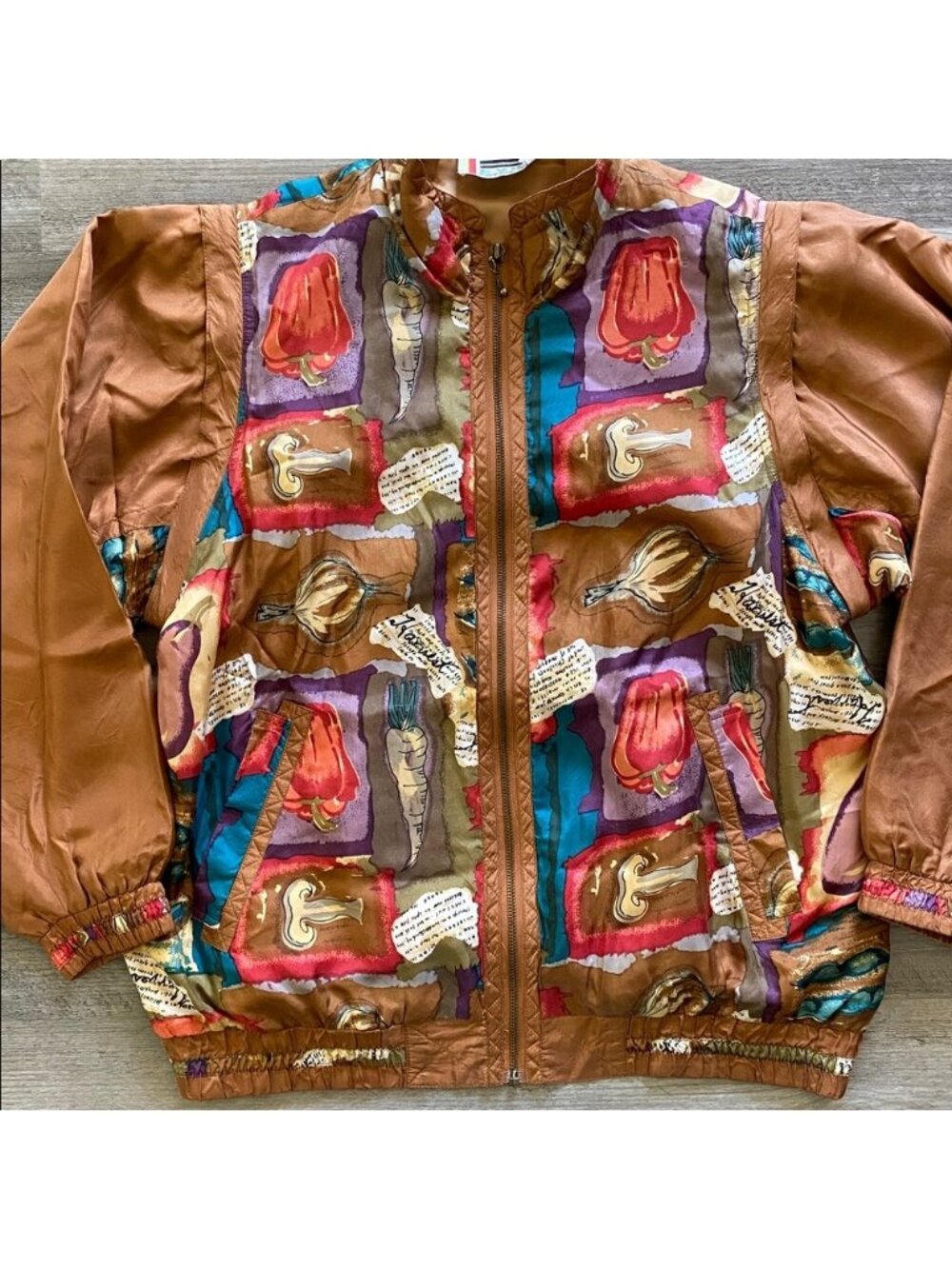 EVR Silk Bomber Jacket Novelty Print Multi Windbreaker Vegetable Halloween Small